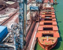 A majestic cargo ship filled with grains, docked at a bustling port, symbolizing the global reach of grain transportation.